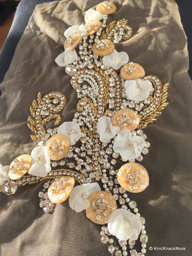 Beige Faux Swarovski Crystal, Pearl, Silver Beaded Applique Wedding Bridal Accessories
